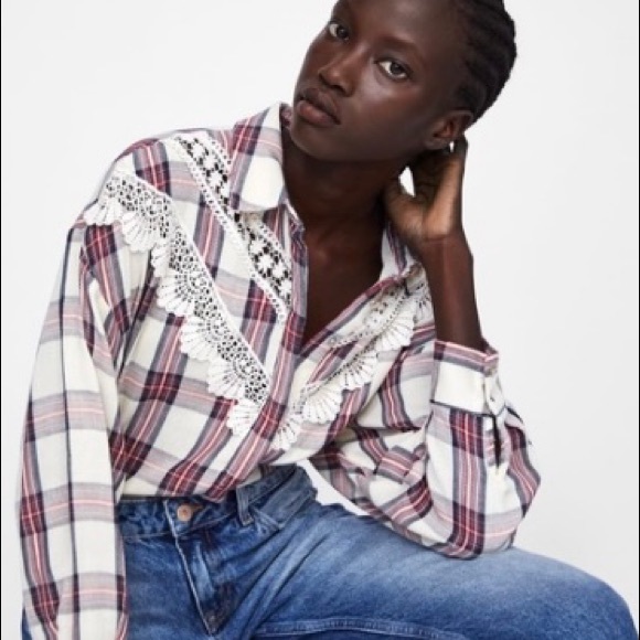 Zara Plaid Shirt Lace Trim Button Down Long Sleeve - Picture 3 of 9